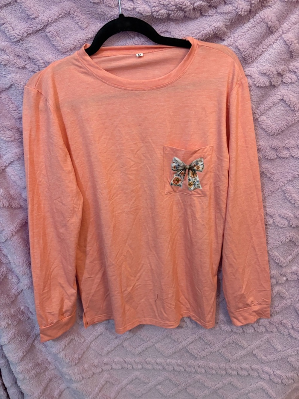 NEW Peach Long Sleeve Top with Floral Bow Pocket